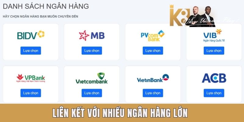 Nạp Tiền K8 - Siêu Tiện Lợi, An Toàn Và Nhanh Chóng Liên kết với nhiều ngân hàng lớn